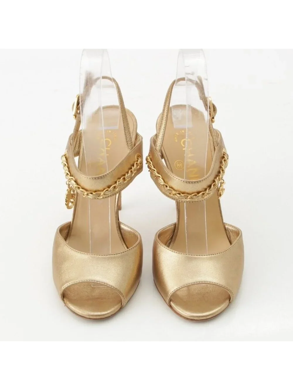 Chanel Leather CC Logo Chain Heels Clover Sandals Gold